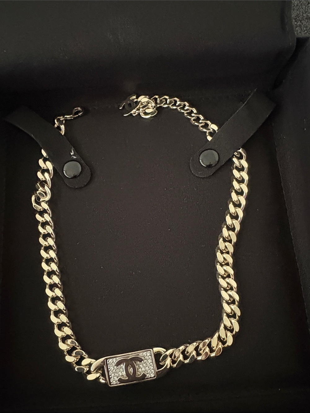 Gold-Tone Link Necklace with CC Plaque